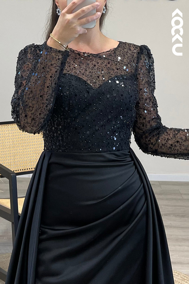 L1491 - Scoop Sheer Sequins Satin Mermaid Long Formal Dress for Wedding