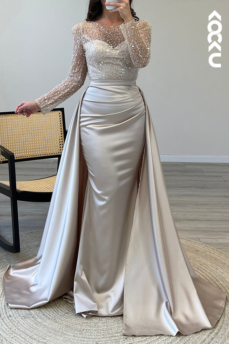 L1491 - Scoop Sheer Sequins Satin Mermaid Long Formal Dress for Wedding