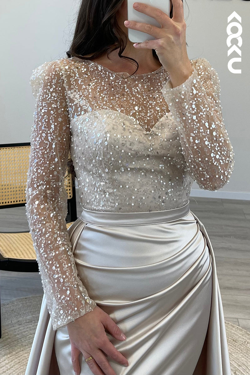 L1491 - Scoop Sheer Sequins Satin Mermaid Long Formal Dress for Wedding
