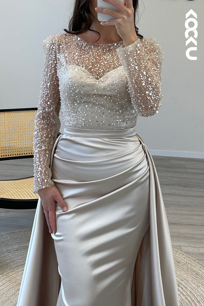 L1491 - Scoop Sheer Sequins Satin Mermaid Long Formal Dress for Wedding