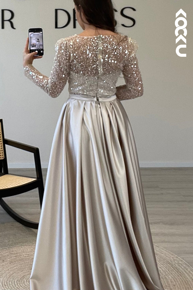 L1491 - Scoop Sheer Sequins Satin Mermaid Long Formal Dress for Wedding