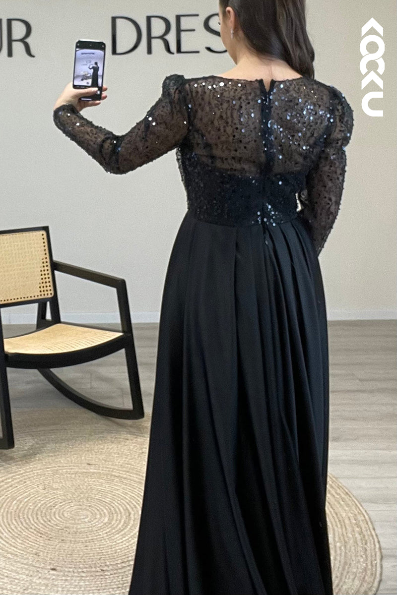 L1491 - Scoop Sheer Sequins Satin Mermaid Long Formal Dress for Wedding