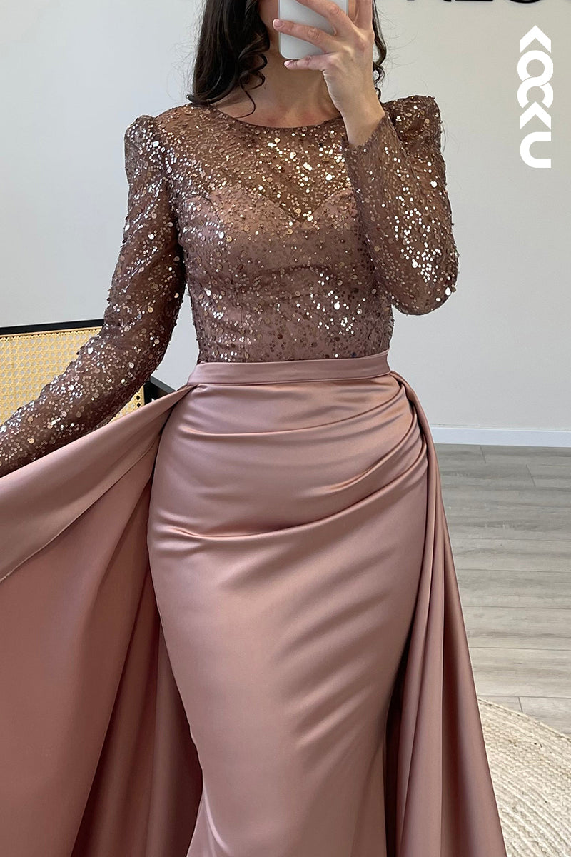 L1491 - Scoop Sheer Sequins Satin Mermaid Long Formal Dress for Wedding