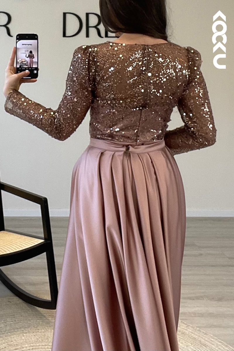 L1491 - Scoop Sheer Sequins Satin Mermaid Long Formal Dress for Wedding