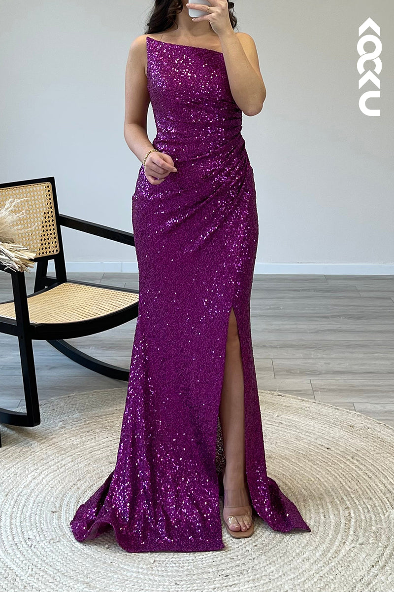 L1497 - Asymmetrical Strapless Sequins Pleated Mermaid Long Semi Formal Dress