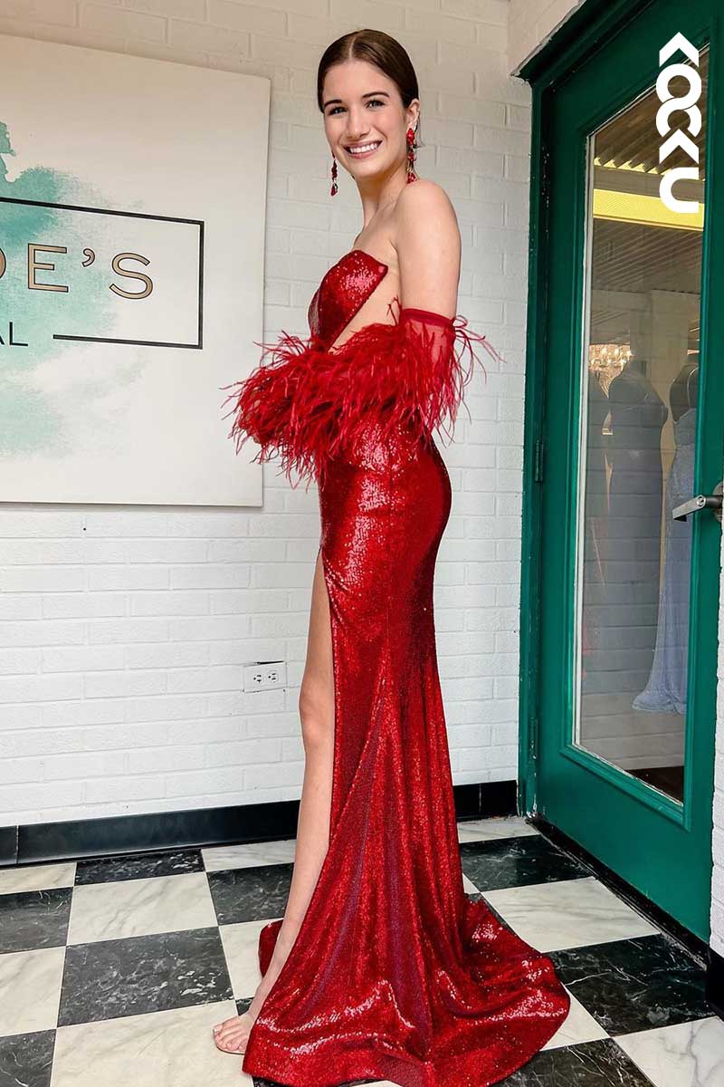 L1515 - Strapless Cut Outs Sheath Long Prom Dress With Detachable Feather Sleeves