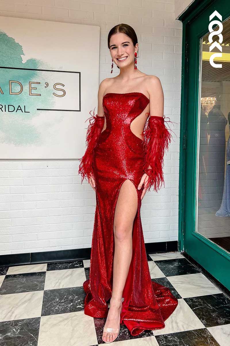 L1515 - Strapless Cut Outs Sheath Long Prom Dress With Detachable Feather Sleeves