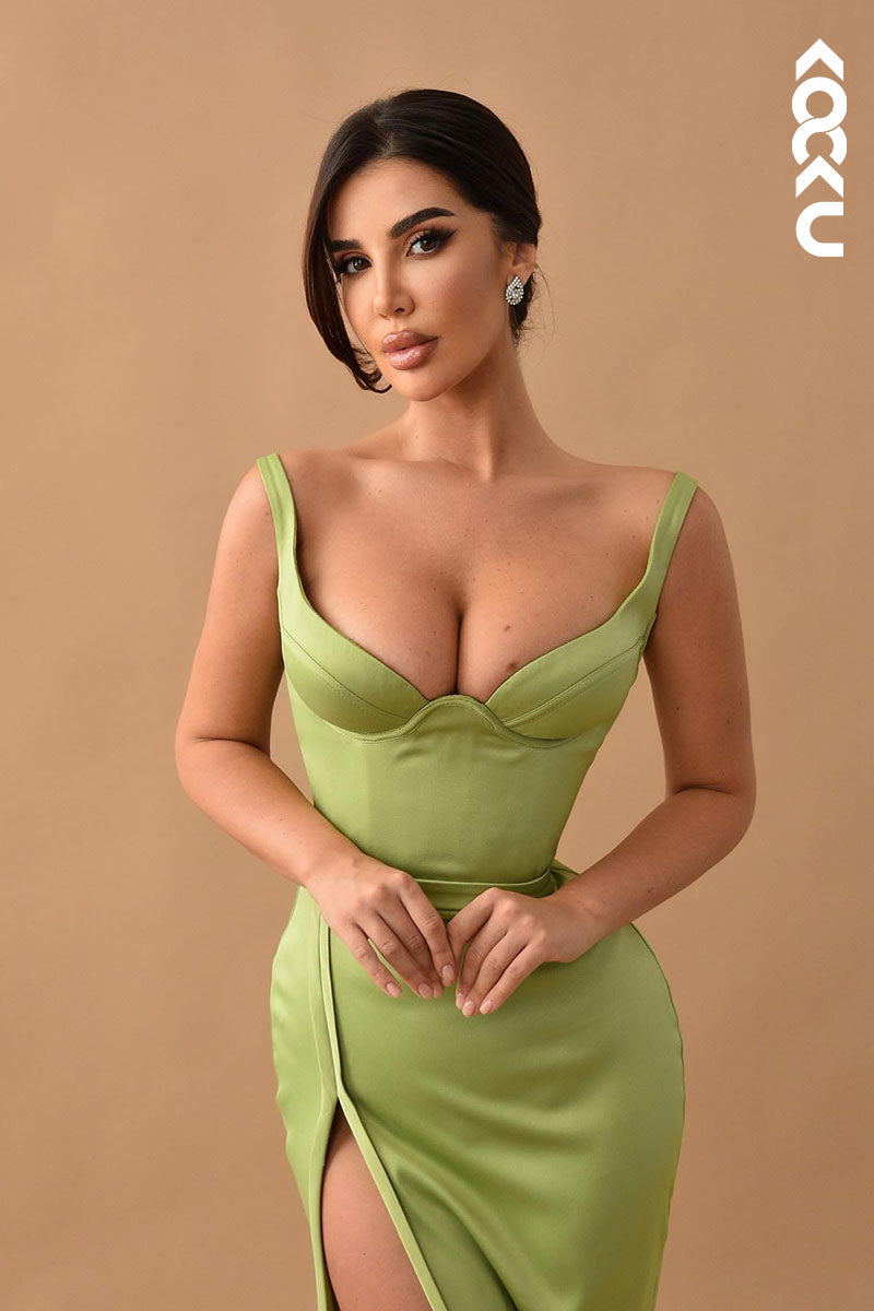 L1516 - Sexy V Neck Side Slit Satin Mermaid Long Prom Evening Dress With Train