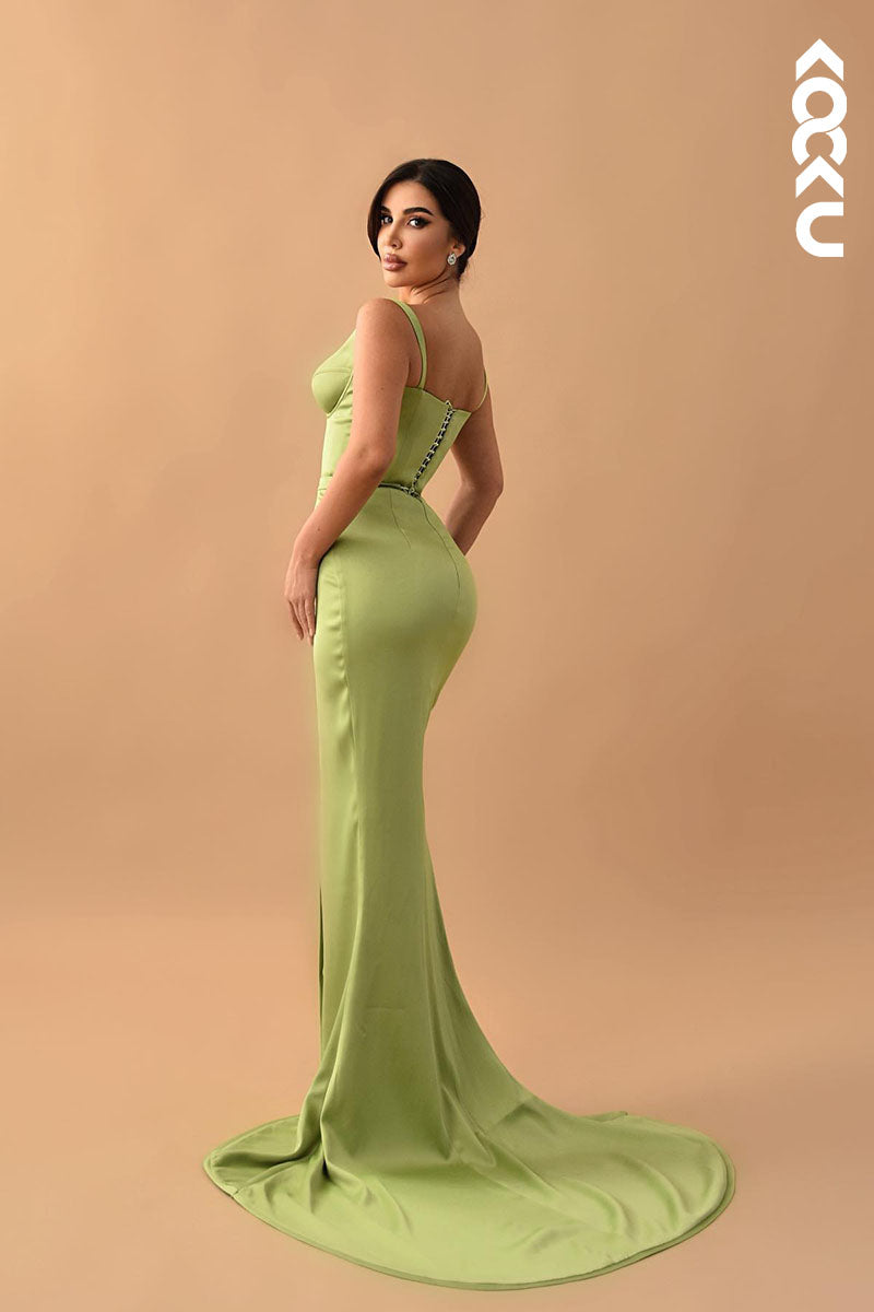 L1516 - Sexy V Neck Side Slit Satin Mermaid Long Prom Evening Dress With Train