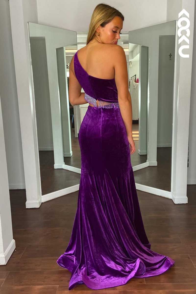 L1518 - One Shoulder Beaded Velvet Sheath Long Prom Dress With Sweep Train