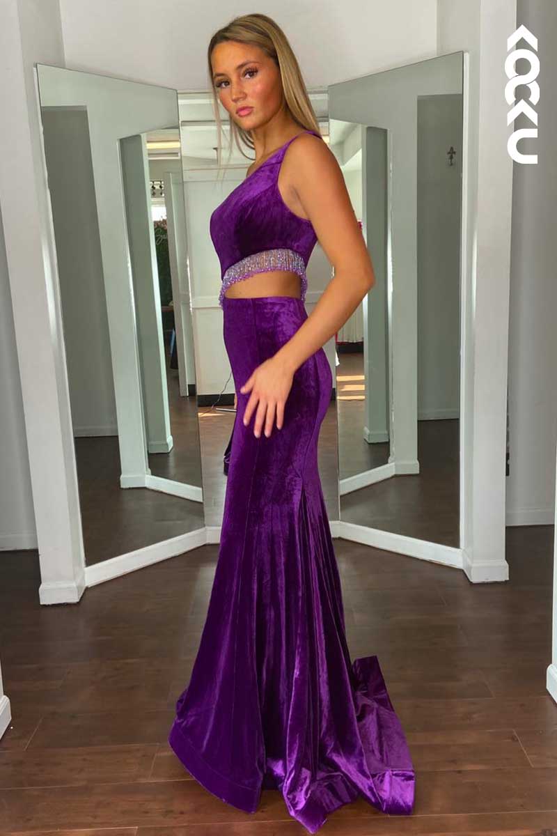 L1518 - One Shoulder Beaded Velvet Sheath Long Prom Dress With Sweep Train