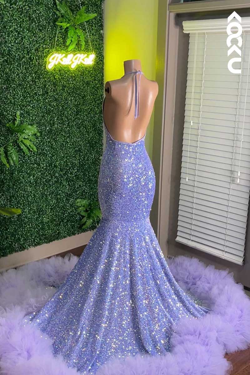 L1522 - Deep V-Neck Halter Sequined Mermaid Long Prom Dress With Sweep Train
