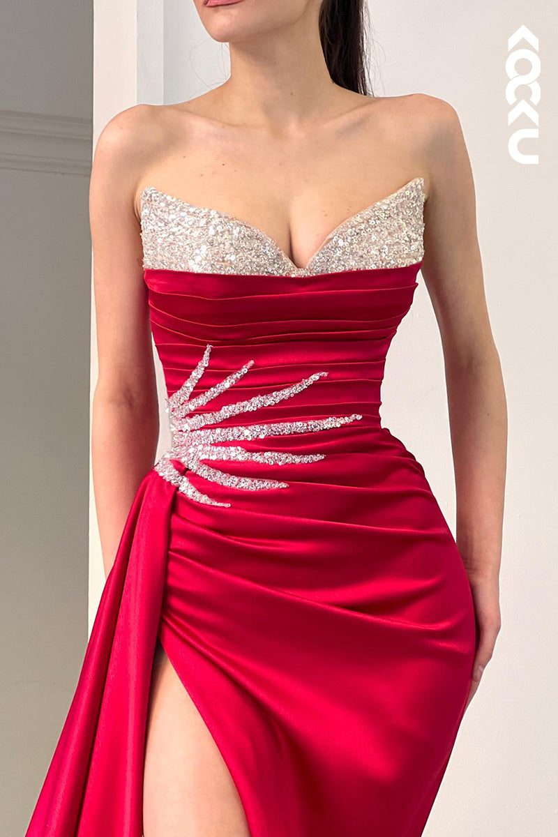 L1524 - Mermaid/Trumpet V Neck Sequins Appliqued Satin Long Prom Dress
