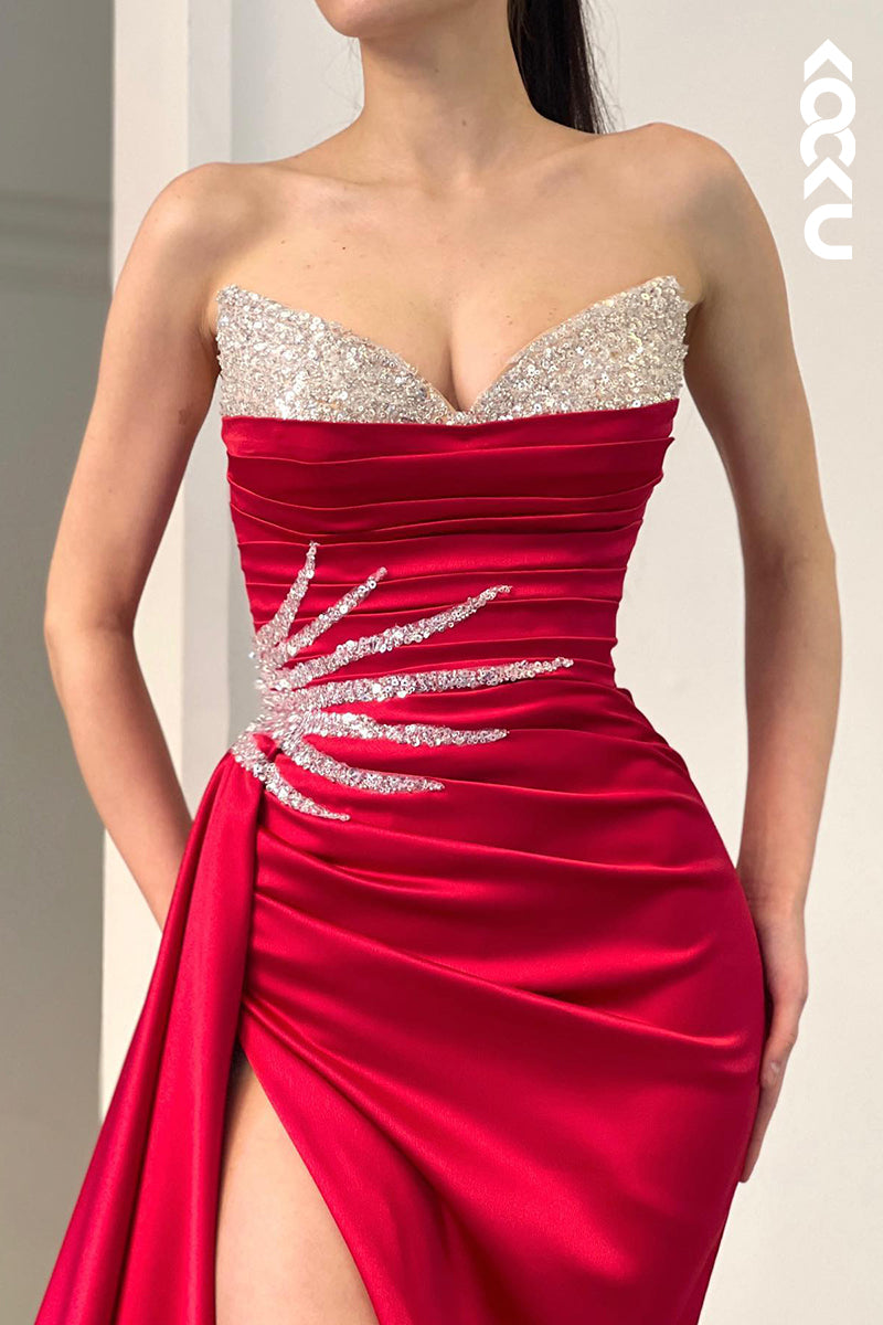 L1524 - Mermaid/Trumpet V Neck Sequins Appliqued Satin Long Prom Dress