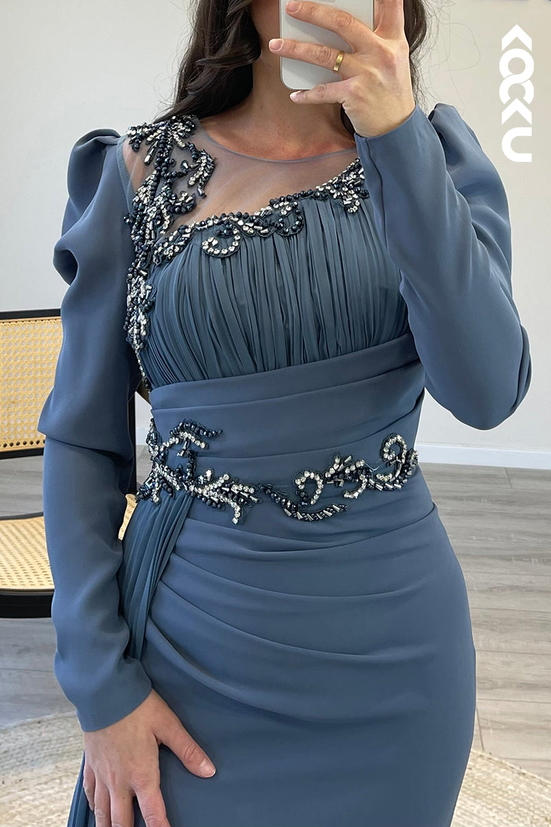 L1528 - Illusion Long Sleeves Beaded Chiffon Memraid Formal Dress With Train