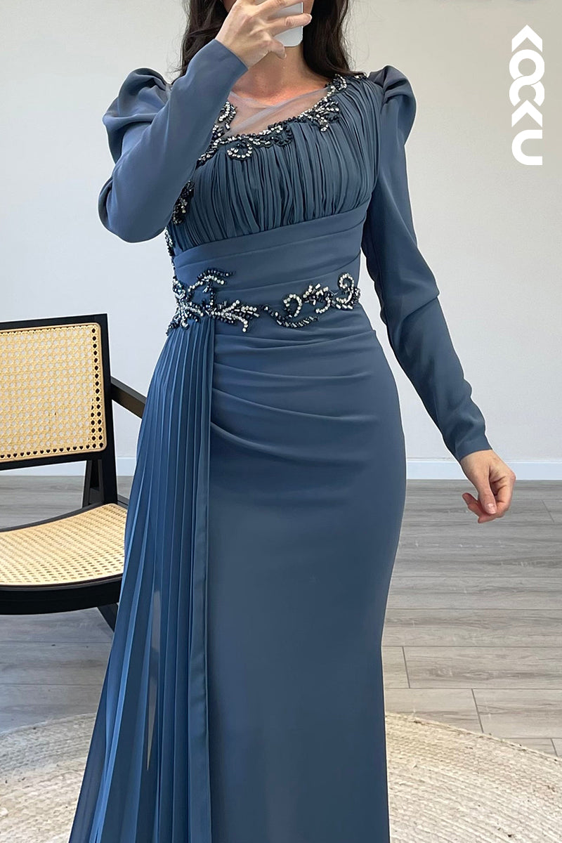 L1528 - Illusion Long Sleeves Beaded Chiffon Memraid Formal Dress With Train