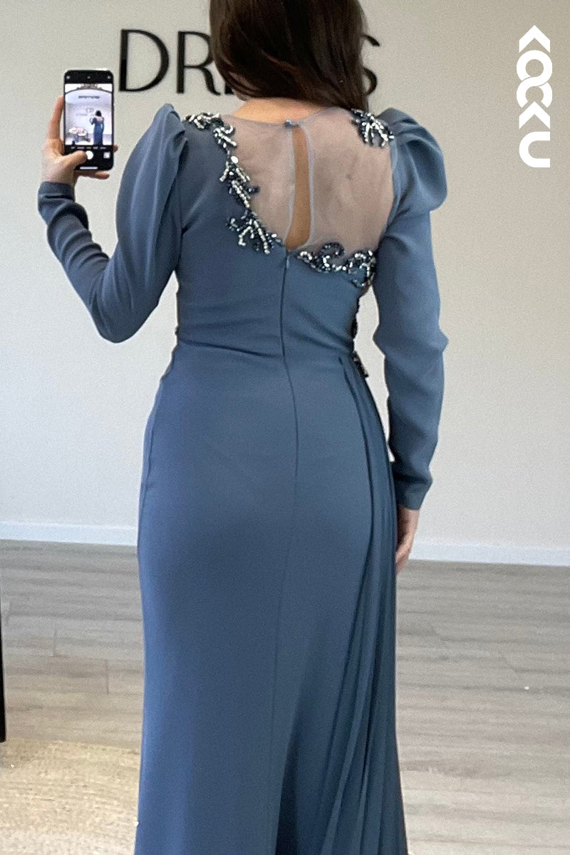 L1528 - Illusion Long Sleeves Beaded Chiffon Memraid Formal Dress With Train