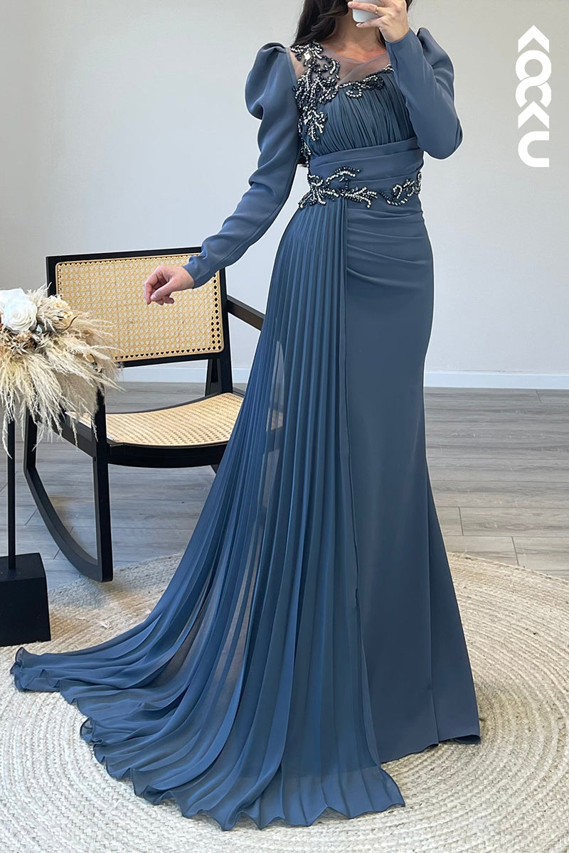 L1528 - Illusion Long Sleeves Beaded Chiffon Memraid Formal Dress With Train