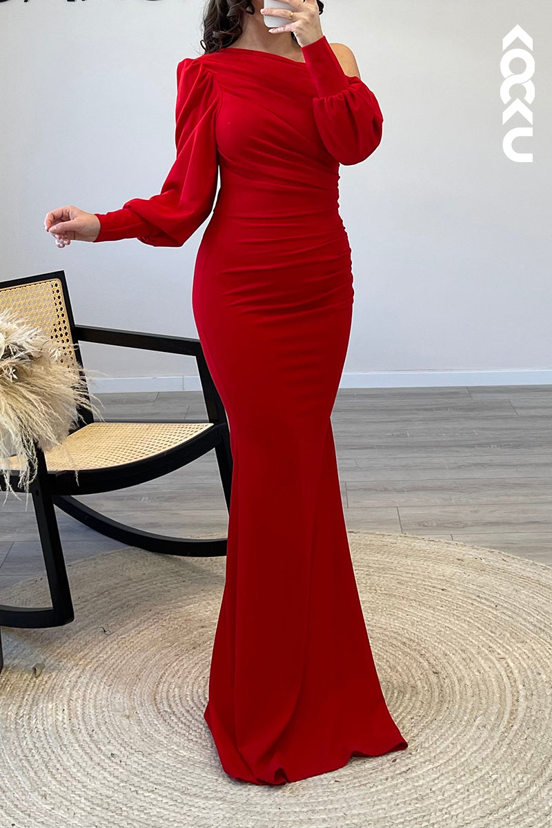 L1529 - Sexy One Shoulder Long Sleeves Satin Mermaid Formal Dress for Wedding