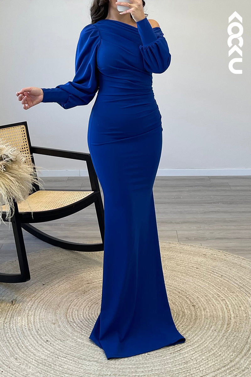 L1529 - Sexy One Shoulder Long Sleeves Satin Mermaid Formal Dress for Wedding