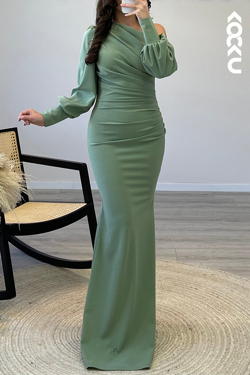 L1529 - Sexy One Shoulder Long Sleeves Satin Mermaid Formal Dress for Wedding
