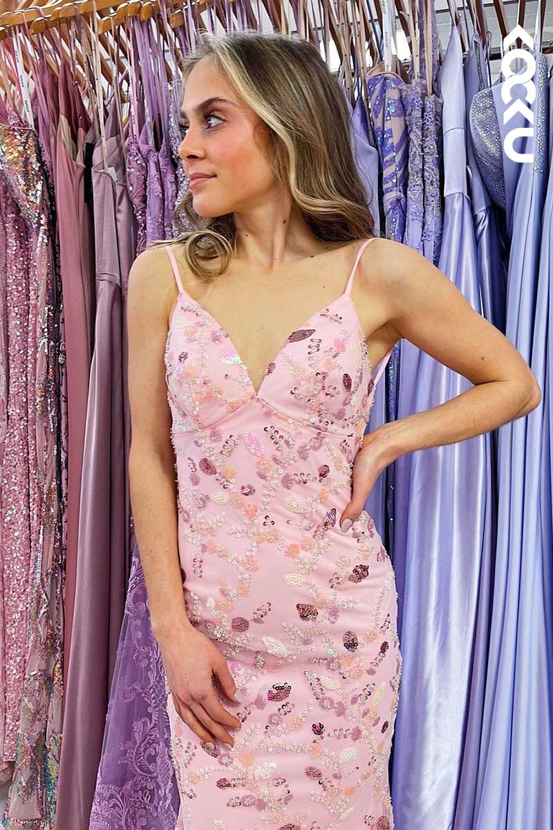 L1530 - V-Neck Spaghetti Straps Beaded Sequined Long Prom Dress