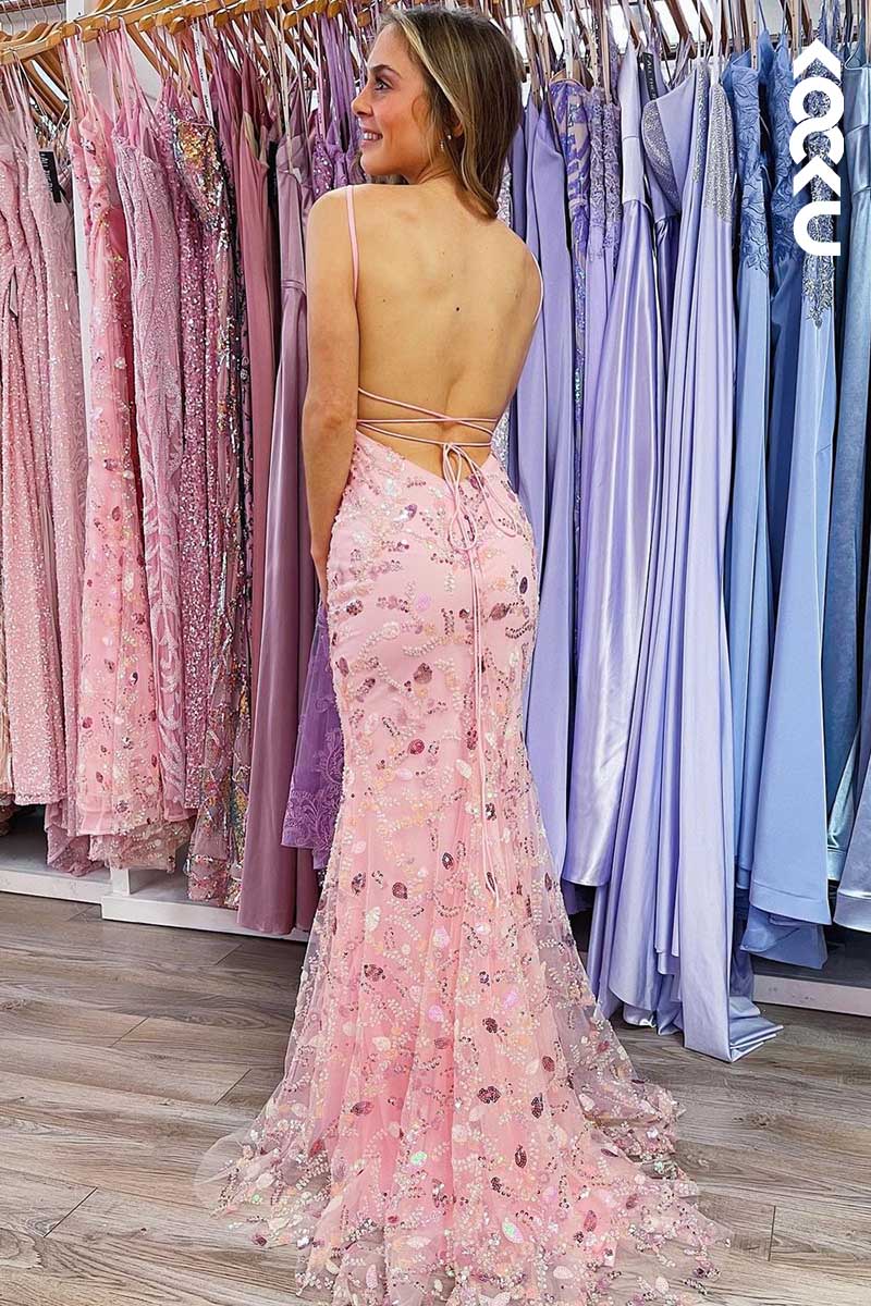 L1530 - V-Neck Spaghetti Straps Beaded Sequined Long Prom Dress