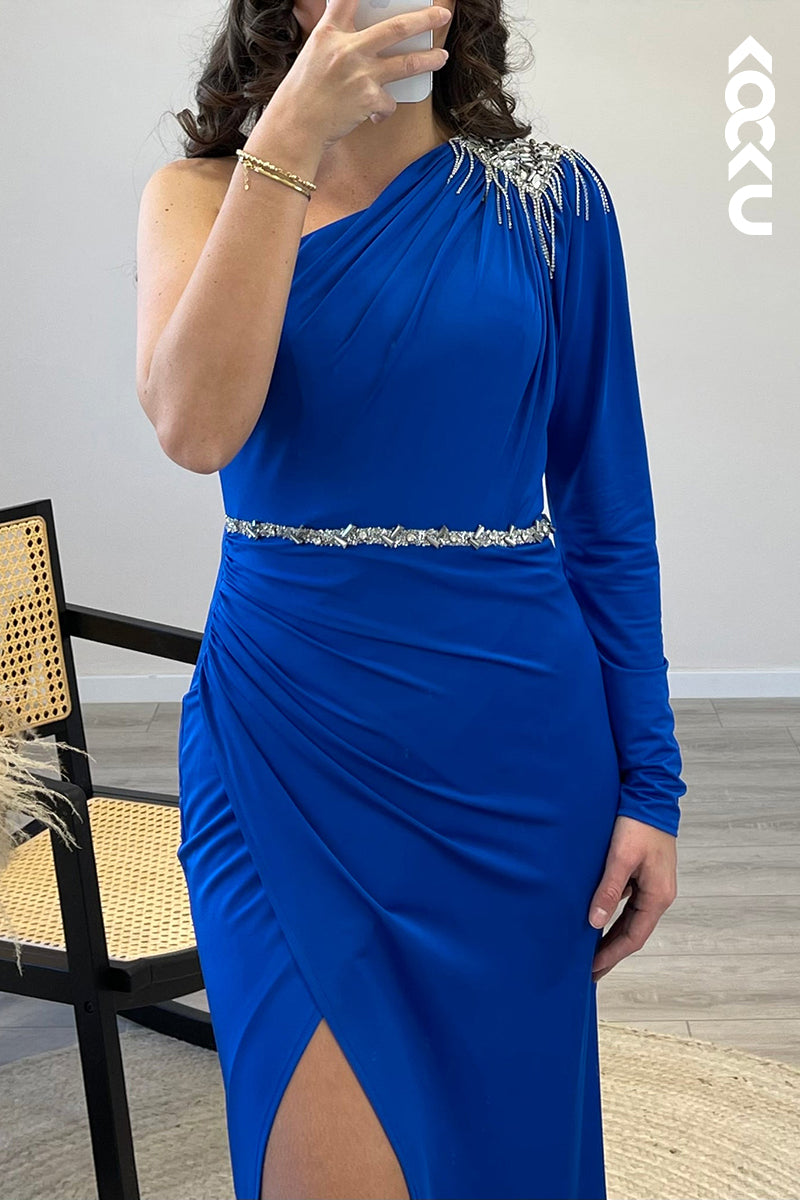 L1531 - One Shoulder Elastic Satin Beaded Mermaid Long Semi Formal Dress With Slit