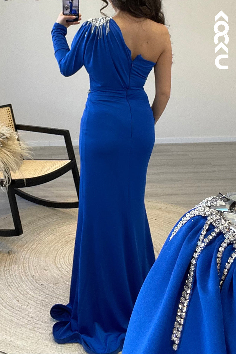 L1531 - One Shoulder Elastic Satin Beaded Mermaid Long Semi Formal Dress With Slit