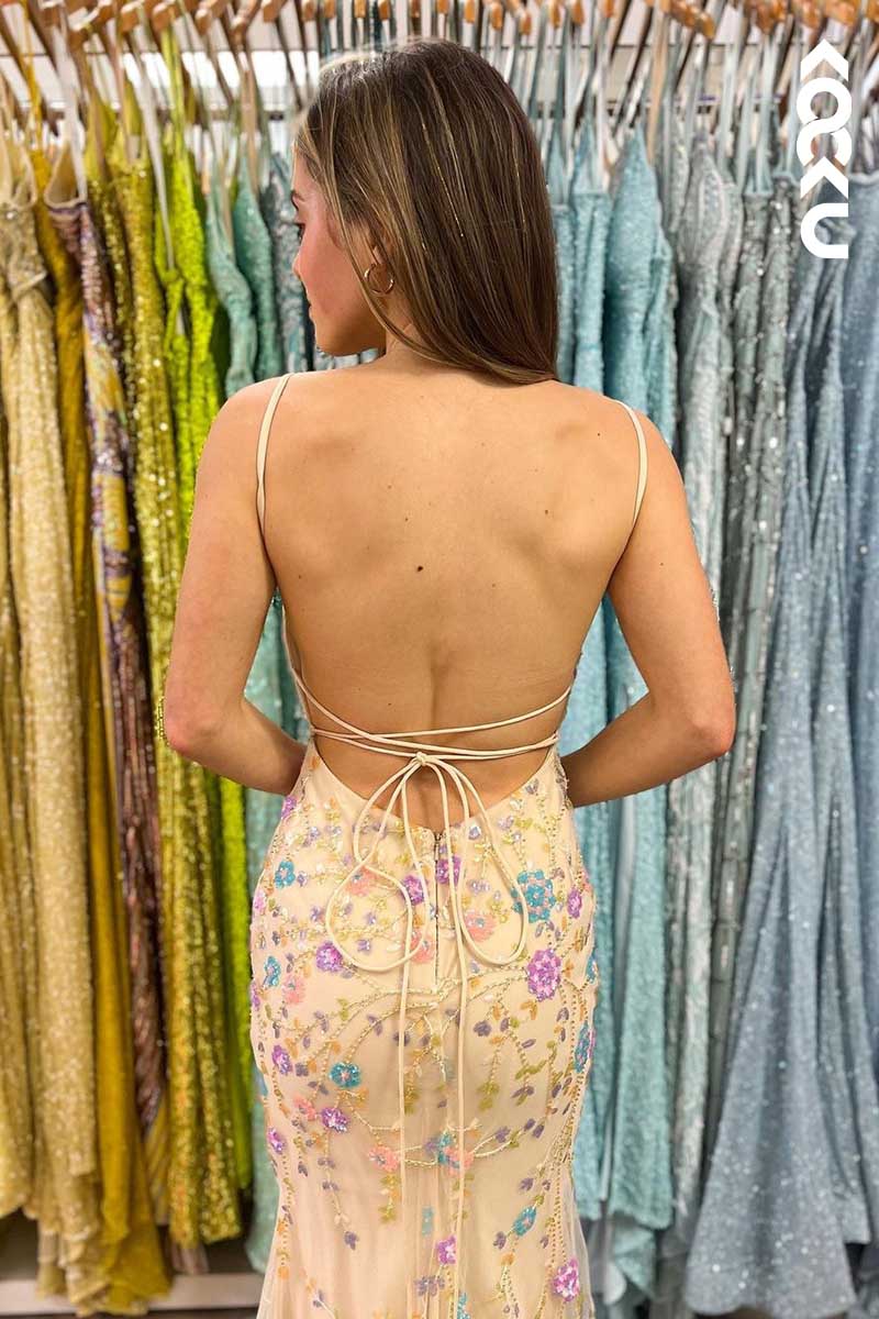 L1532 - V-Neck Spaghetti Straps Embroidery Beaded Sheath Long Prom Dress