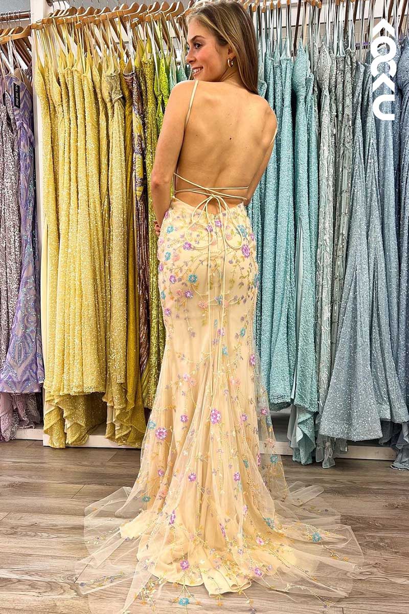 L1532 - V-Neck Spaghetti Straps Embroidery Beaded Sheath Long Prom Dress