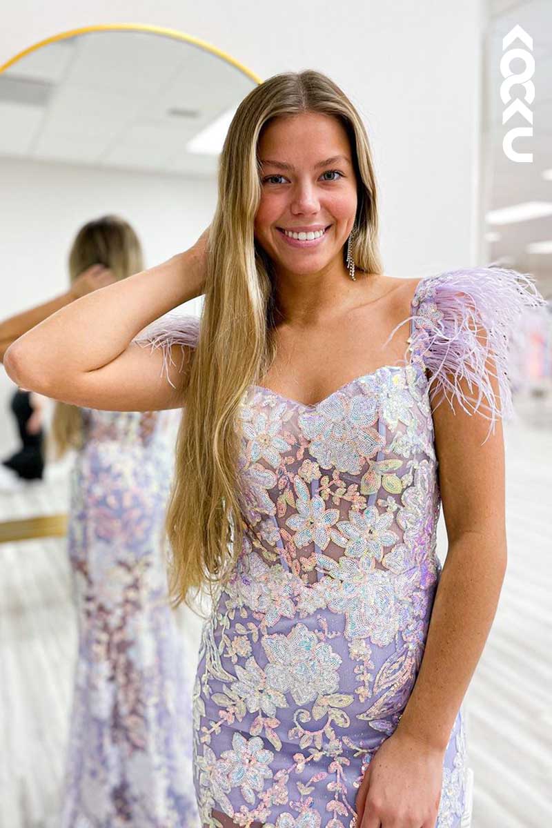 L1536 - Bateau Sequined Beaded Feather Straps Sheath Long Prom Dress With Slit