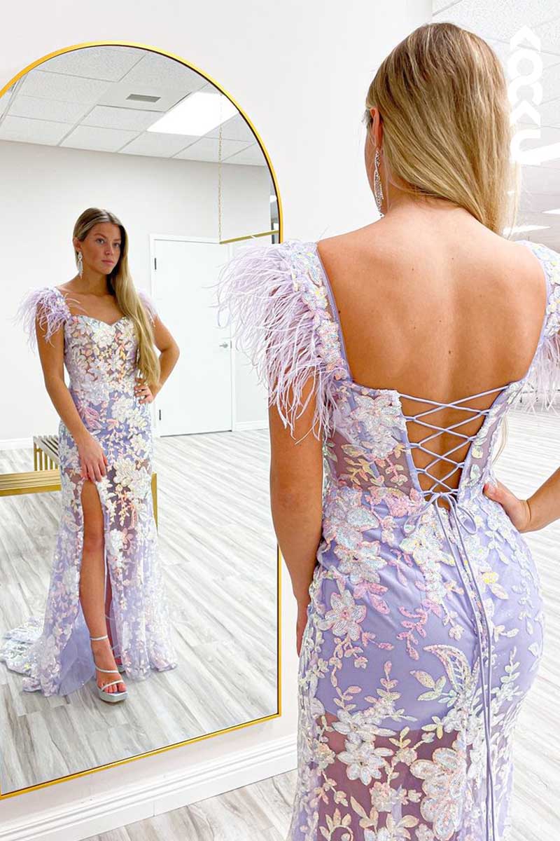 L1536 - Bateau Sequined Beaded Feather Straps Sheath Long Prom Dress With Slit