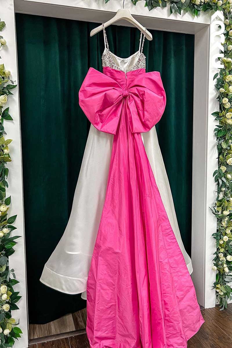 L1541 - Spaghetti Straps Sequined Beaded A-Line Long Prom Dress With Bow