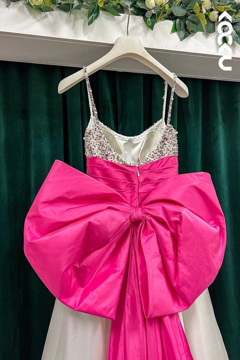 L1541 - Spaghetti Straps Sequined Beaded A-Line Long Prom Dress With Bow