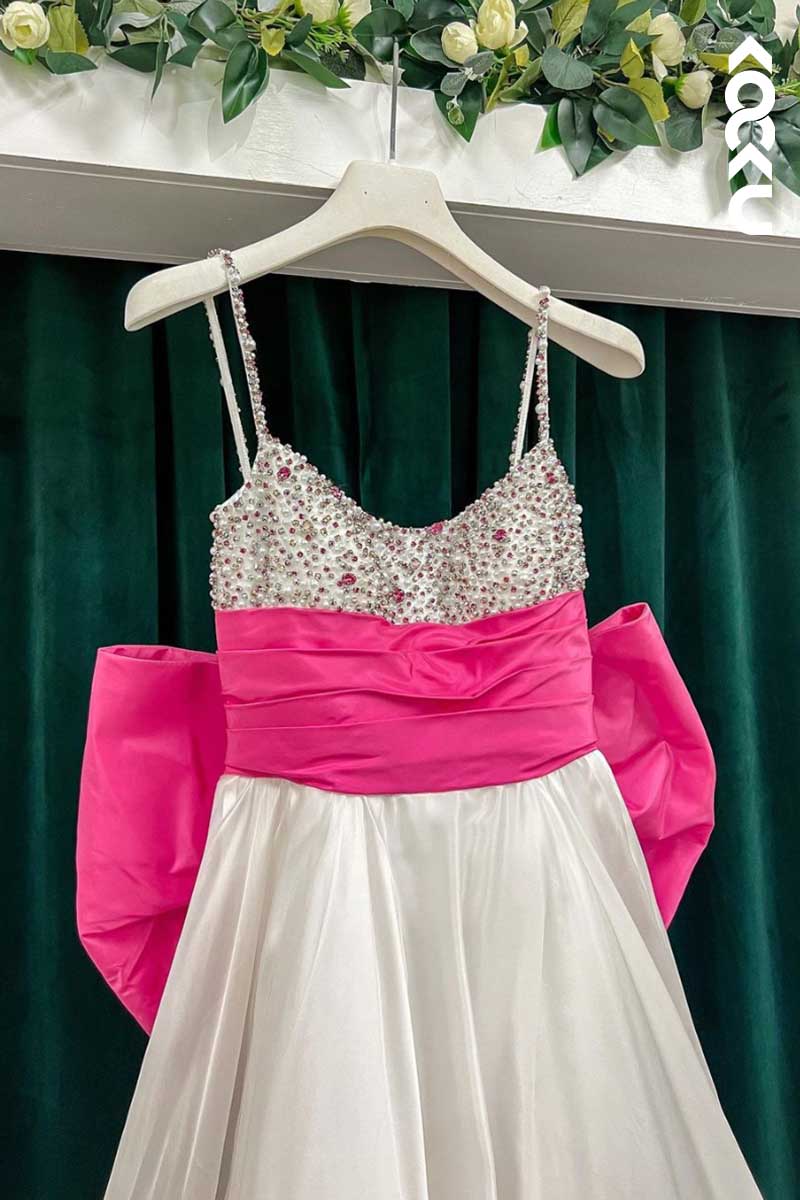 L1541 - Spaghetti Straps Sequined Beaded A-Line Long Prom Dress With Bow