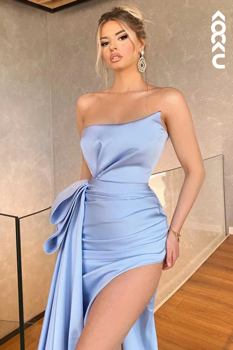 L1546 - Strapless Ruched Thigh Slit Sheath Prom Evening Dress With Sweep Train