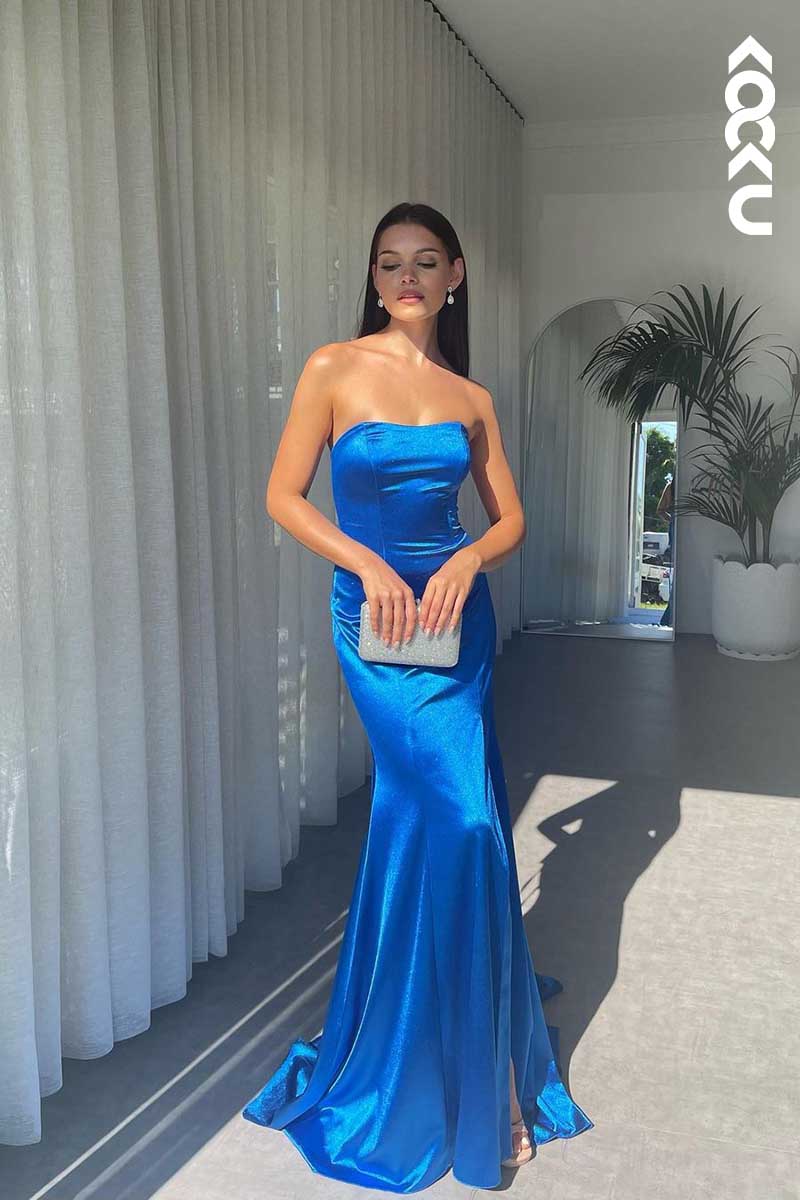 L1547 - Strapless Royal Blue Lace-Up Sheath Long Prom Evening Dress