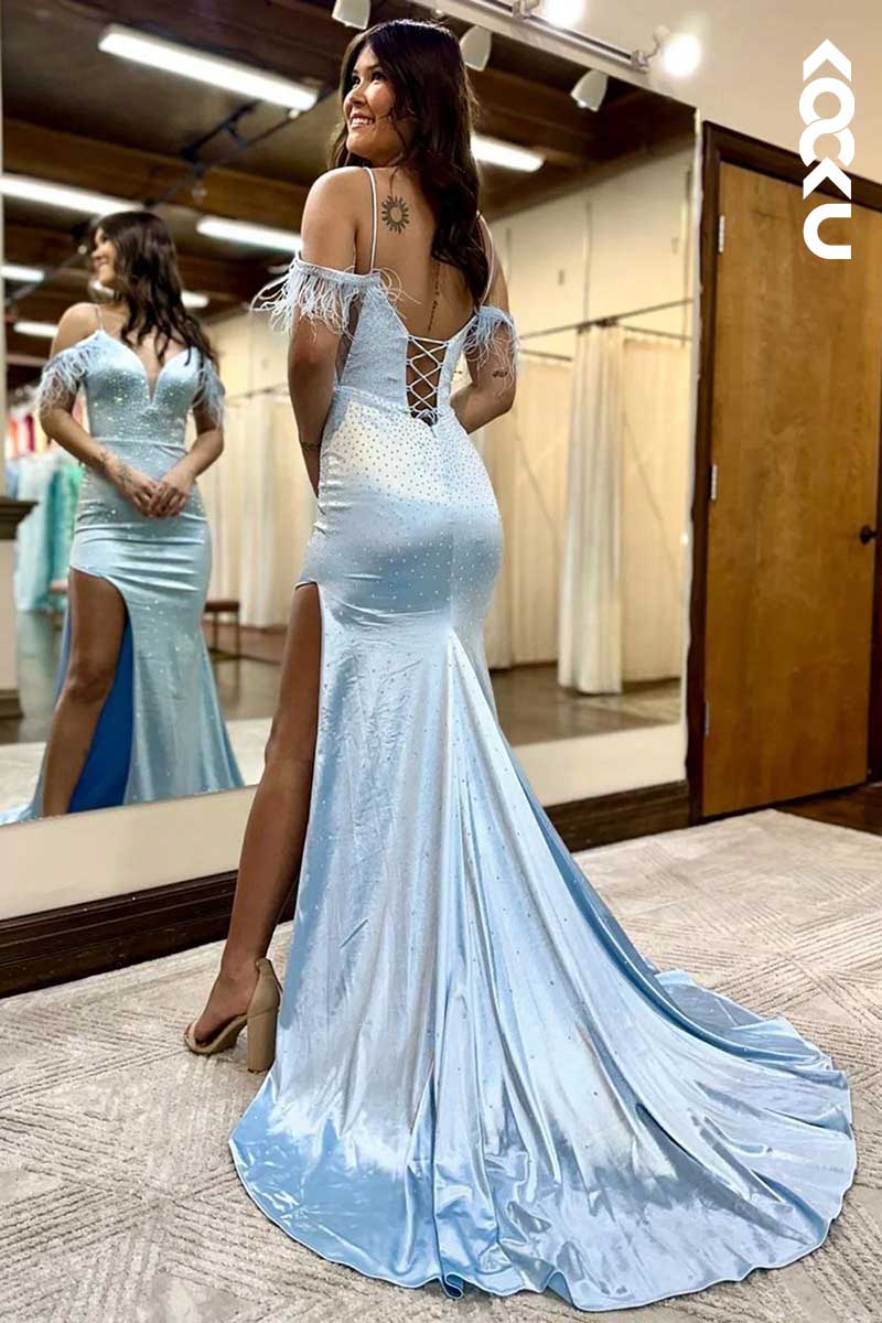 L1548 - V-Neck Off-Shoulder Sparkly Sheath Long Prom Dress With Slit