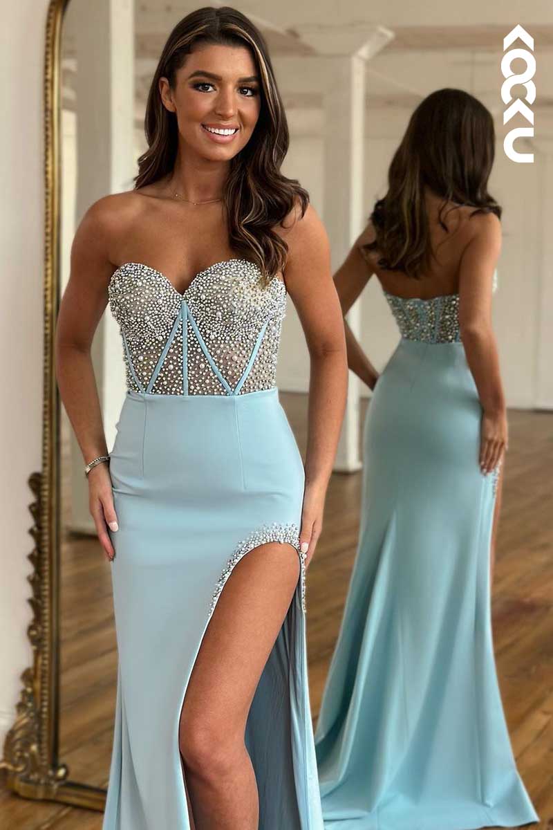 L1549 - Sweetheart Strapless Beaded Long Prom Evening Dress With Slit