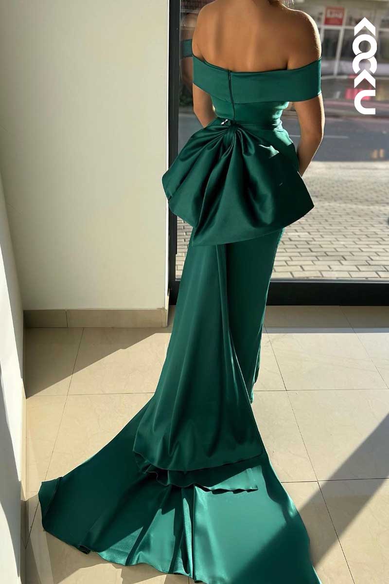 L1550 - Off-Shoulder Thigh Slit Sheath Long Prom Evening Dress With Bow