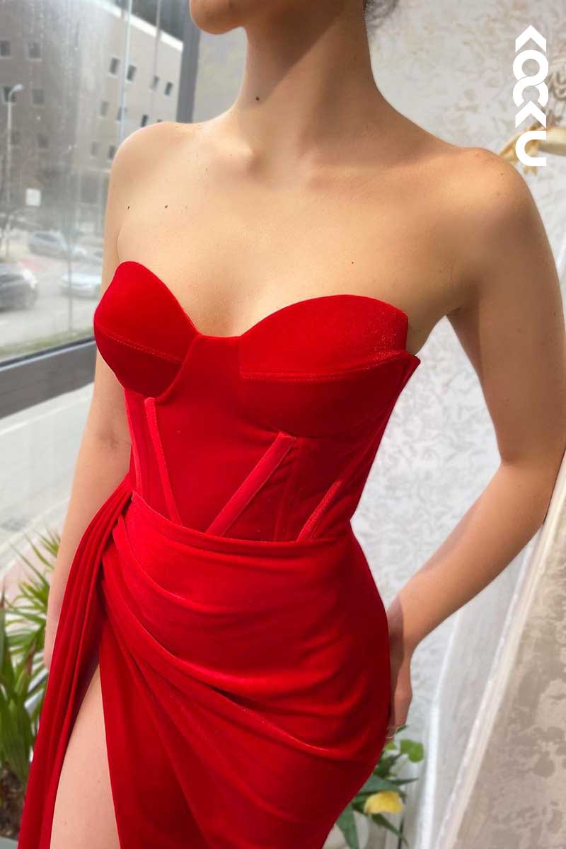 L1551 - Sweetheart Strapless Ruched Velvet Sheath Long Prom Evening Dress
