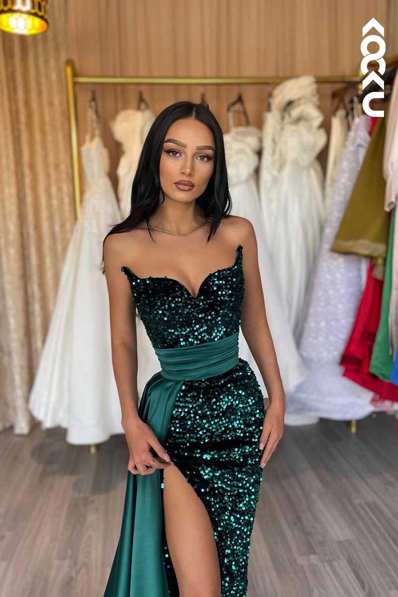 L1552 - Strapless Sequined Thigh Slit Sheath Long Prom Evening Dress