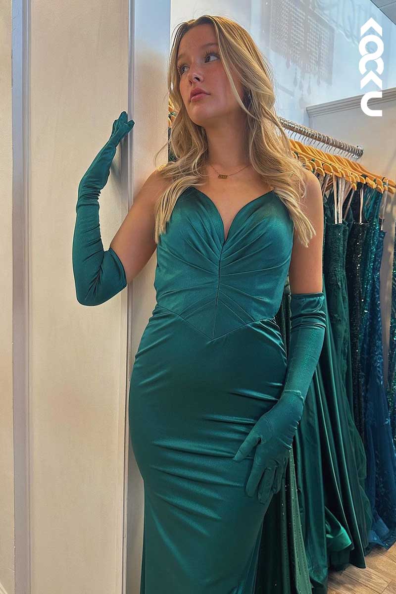 L1553 - V-Neck Spaghetti Straps Backless Ruched Mermaid Long Prom Dress