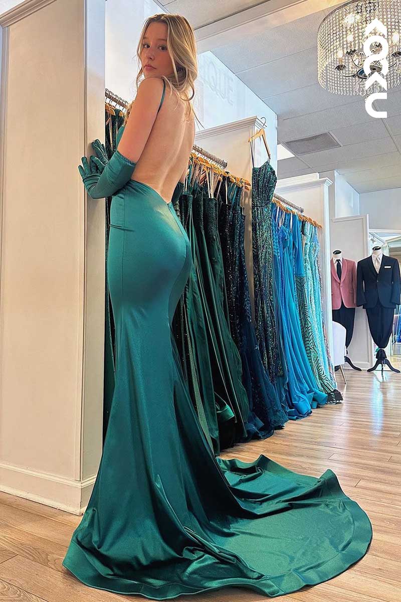 L1553 - V-Neck Spaghetti Straps Backless Ruched Mermaid Long Prom Dress