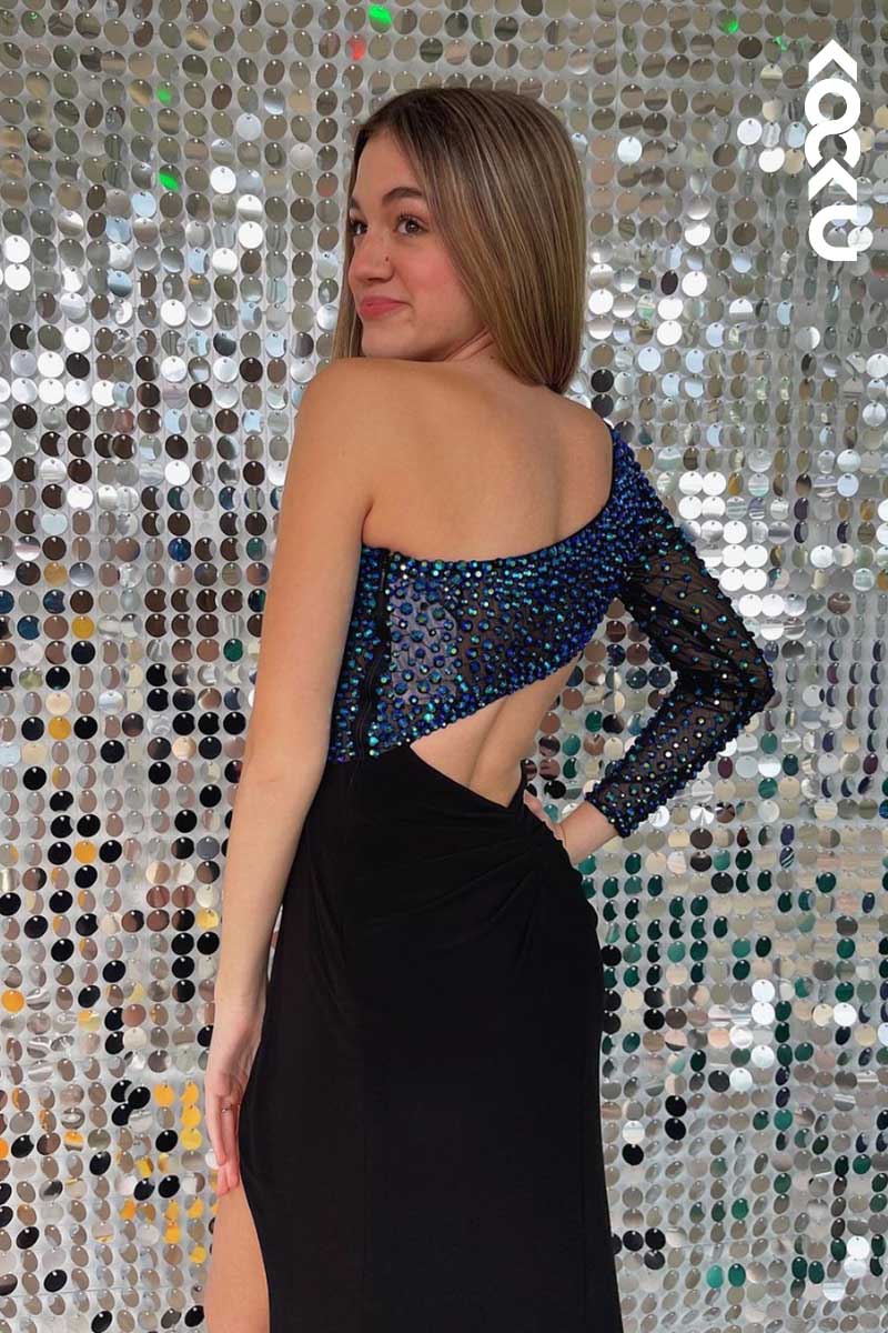 L1554 - One Shoulder Long Sleeves Beaded Cut Outs Long Prom Evening Dress With Slit