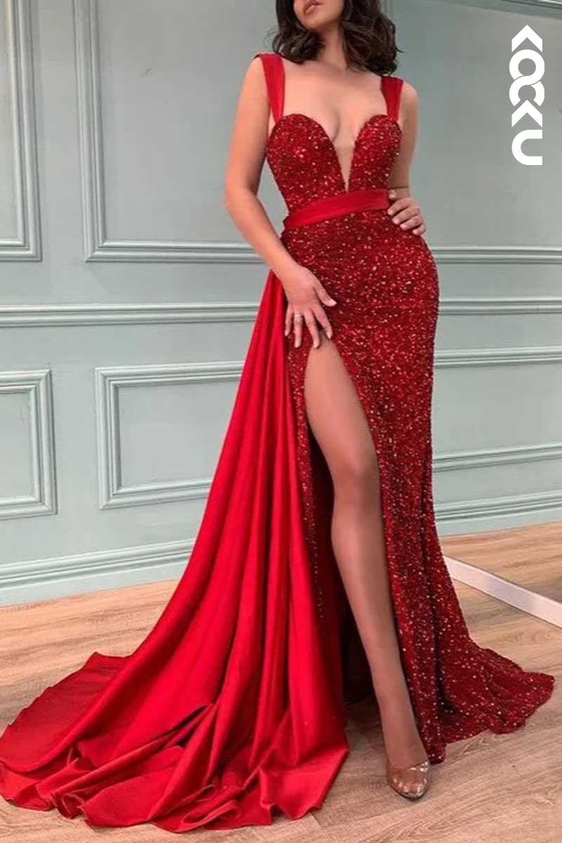 L1557 - Deep V-Neck Sequined Thigh Slit Long Prom Dress With Sweep Train