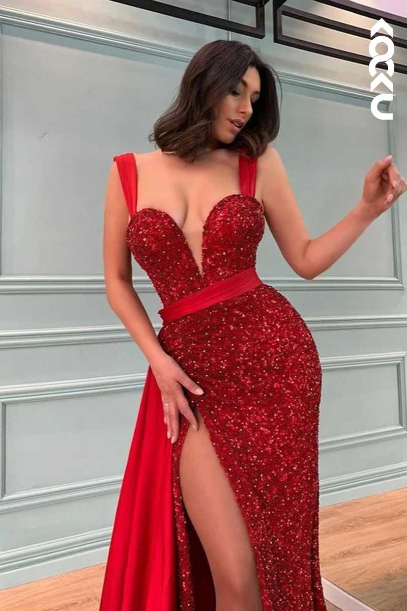 L1557 - Deep V-Neck Sequined Thigh Slit Long Prom Dress With Sweep Train