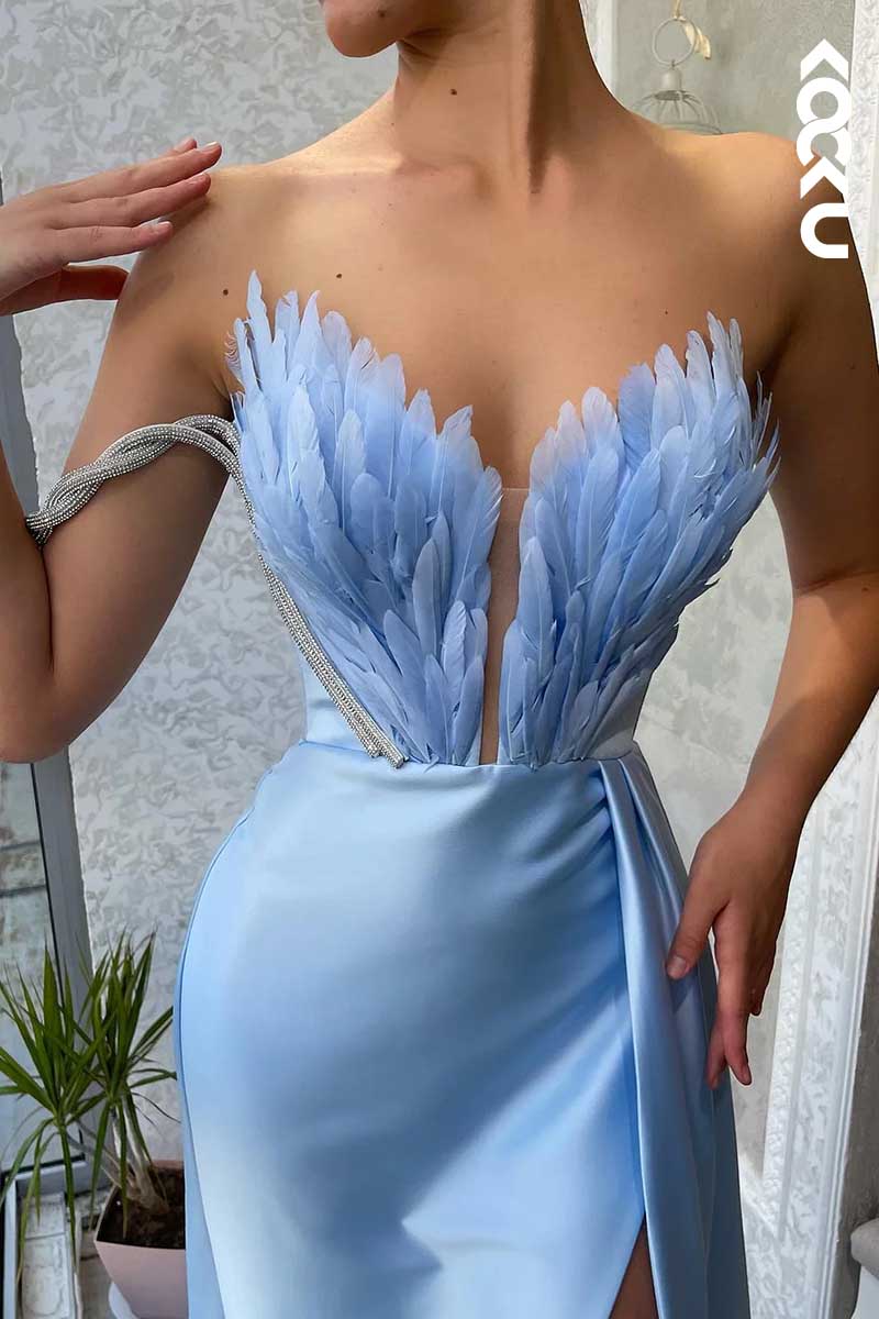 L1559 - Deep V-Neck Strapless Asymmetrical Long Prom Evening Dress With Slit