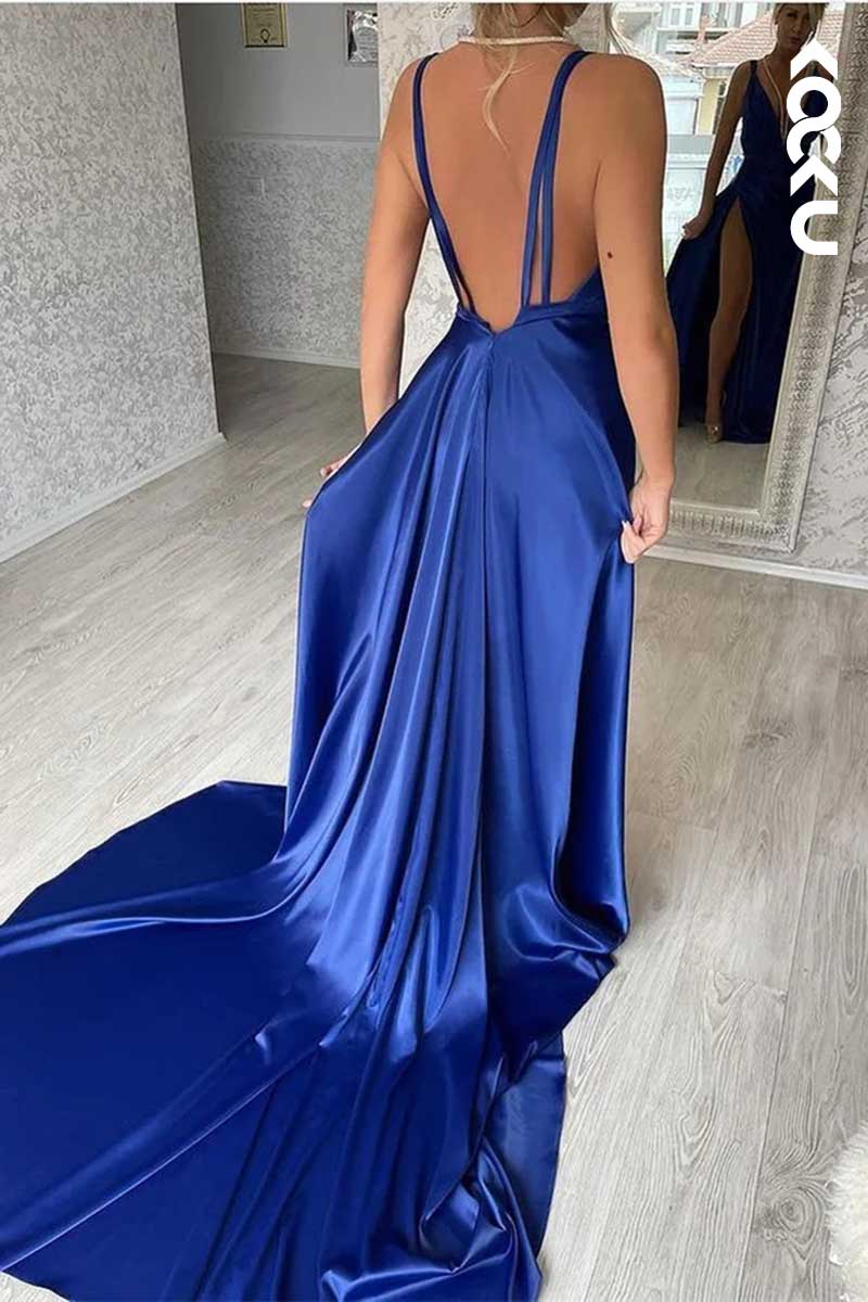 L1561 - Deep V-Neck Halter Ruched Thigh Slit Sheath Long Prom Evening Gown